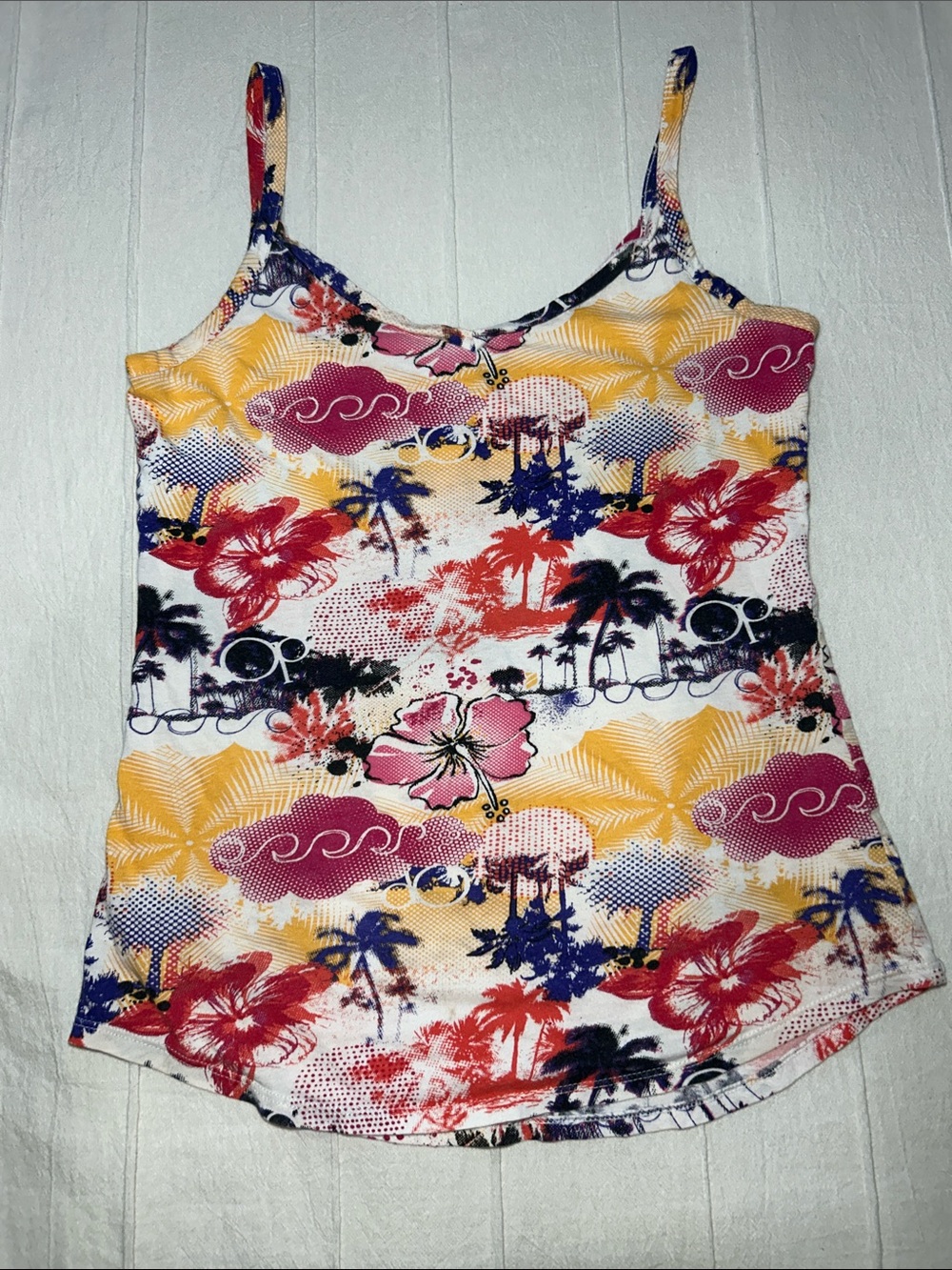 OP Ocean Pacific Tropical Hibiscus Tank Top Juniors L 100% Organic Cotton Y2K